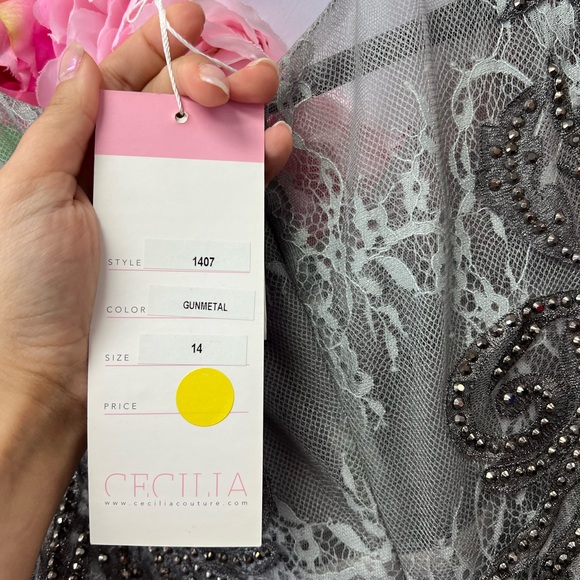 Cecilia Couture 1407 gunmetal size 14 long sleeve beaded and lace long dress NWT - Picture 9 of 9